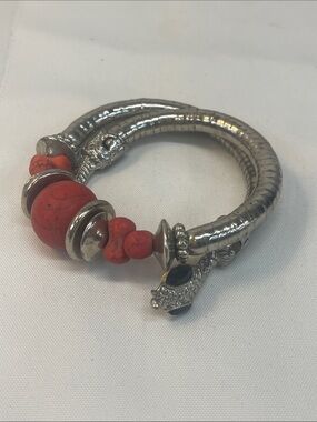 Silver Snake-Head Bracelet with Red Bead Accents